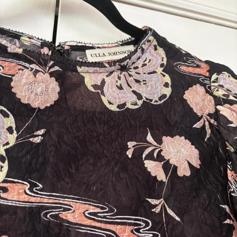 Ulla Johnson Eliza Blouse‎ Onyx Silk Blend Puff Sleeve Floral Top Size 4 Small